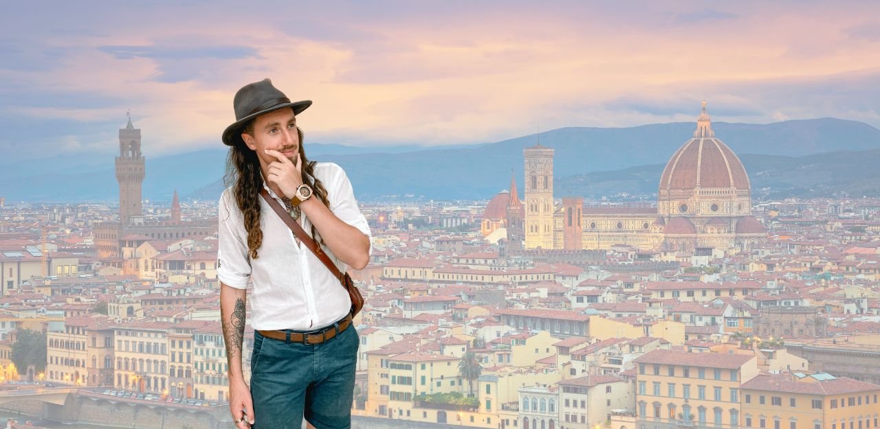 gabriel-melchizedek-da-vinci-creations-creative-director. (1280 x 625 px) Gabriel Melchizedek, Creative Director of Da Vinci Creations, overlooking the city of Florence, embodying the Renaissance spirit of creativity and innovation.
